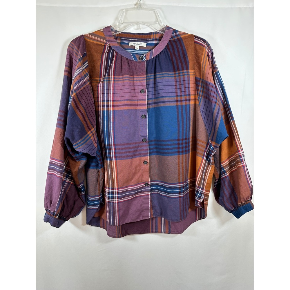 Madewell Plaid Band Collar Button Front Blouse Medium Cotton Multicolor